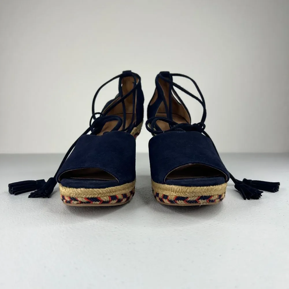 Cabi Isla Espadrille Wedge Sandal Navy Blue Suede Ankle Tie Up Tassels Western 6